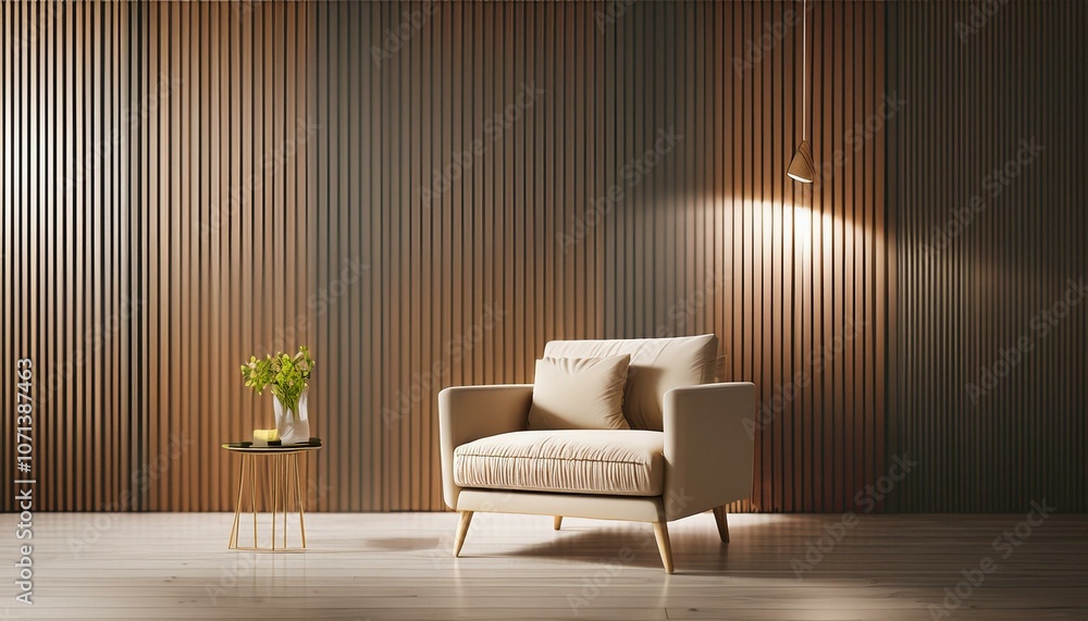 Beige Armchair in a Modern Studio with Dark Wood Slats and White Panel Walls for Architectural Project Presentation Beige Armchair in a Modern Studio with Dark Wood Slats and White Panel Walls for Architectural Project Presentation