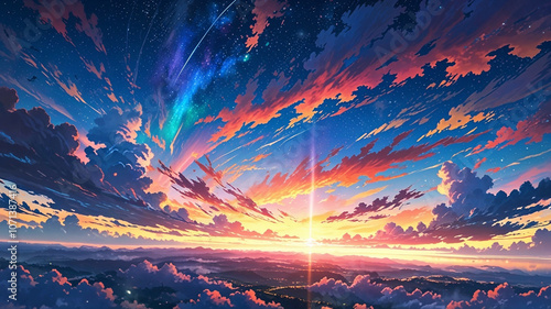 sun, shining, sea of clouds, anime-style, landscape, fantasy, illustration
