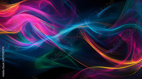 Abstract colorful wavy smoke on dark background.