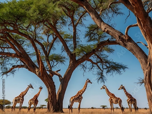 Five Giraffes Standing in the Savanna Underneath a Large Acacia Tree photo