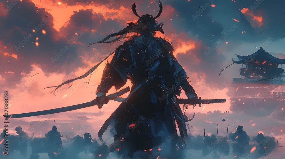 Detailed samurai with katana, standing poised for battle against vast army Detailed samurai with katana, standing poised for battle against vast army