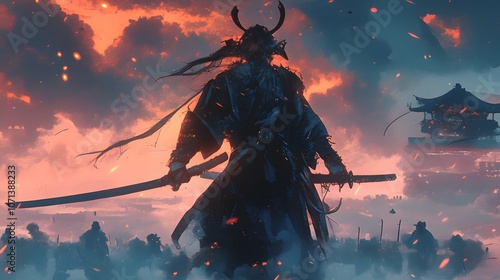 Detailed samurai with katana, standing poised for battle against vast army