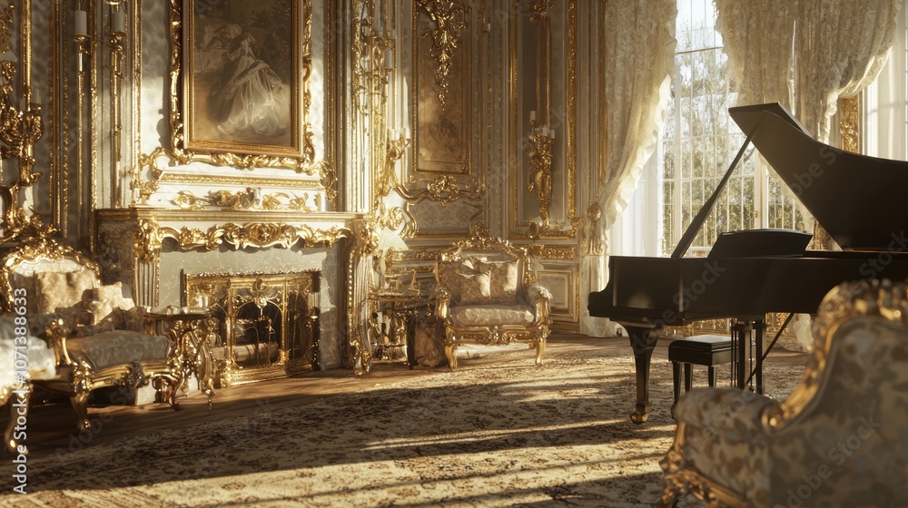 Obraz premium Elegant Sitting Room with Antique Furnishings and Grand Piano Creating a Warm and Inviting Ambiance for Entertaining Guests