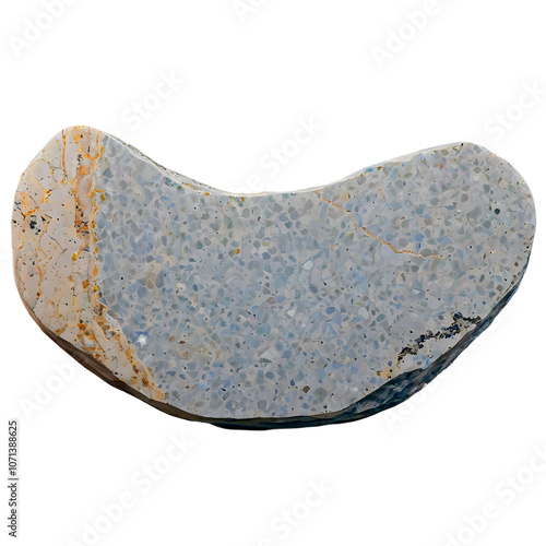 A close-up of a blue, white, and yellow semi-precious stone, which has been cut into a rounded shape. The stone has a variety of inclusions and features. photo