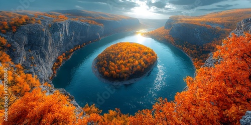 A breathtaking aerial view of a river meandering through autumn foliage, with vibrant orange and yellow trees surrounding a serene island in the water.