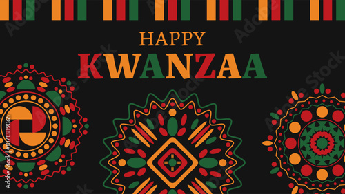 Black background with happy kwanzaa greeting and colorful geometric patterns celebrating african harvest festival. Vector illustration.
