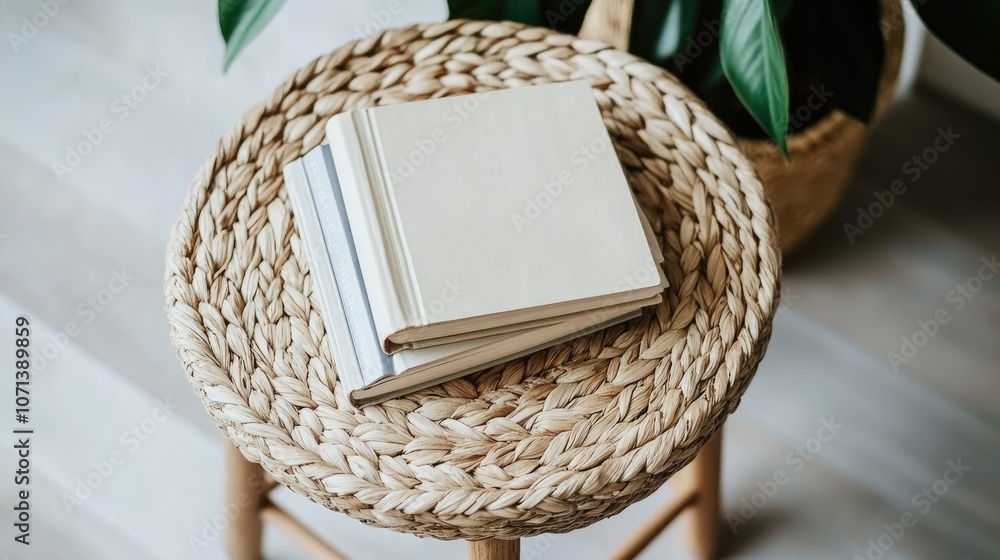 Obraz premium Minimalist Stack of Books on Woven Stool