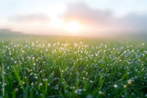 A serene morning scene featuring dewy green grass glistening in the early sunlight, creating a tranquil atmosphere filled with freshness and natural beauty.