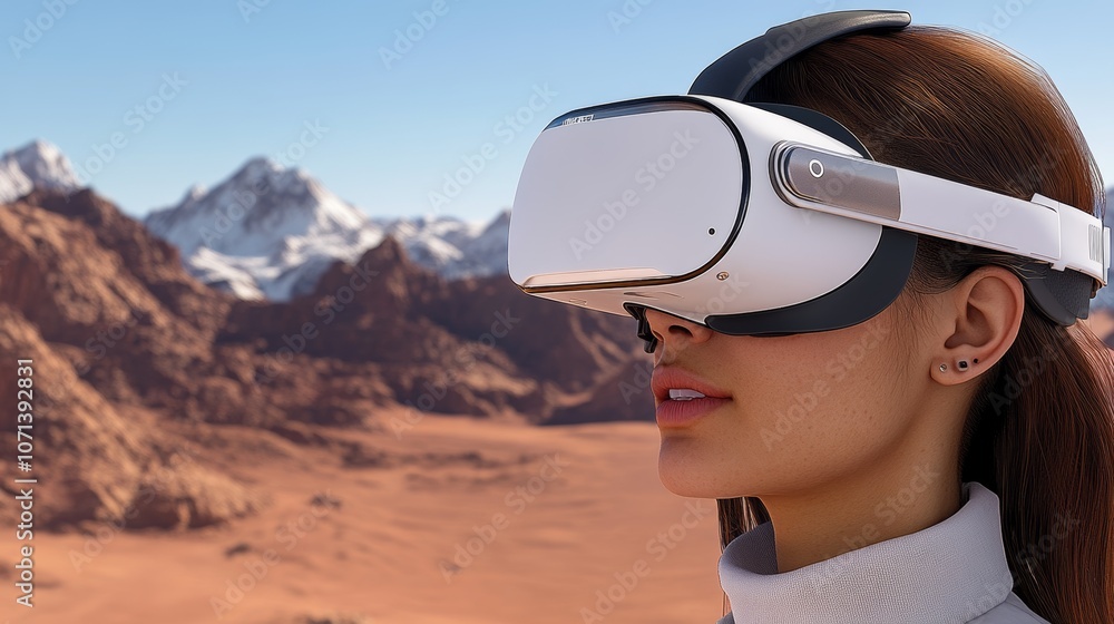 Woman Wearing VR Headset Desert Landscape Virtual Reality Experience Woman Wearing VR Headset Desert Landscape Virtual Reality Experience