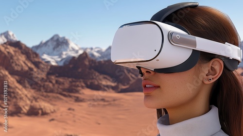 Woman Wearing VR Headset Desert Landscape Virtual Reality Experience