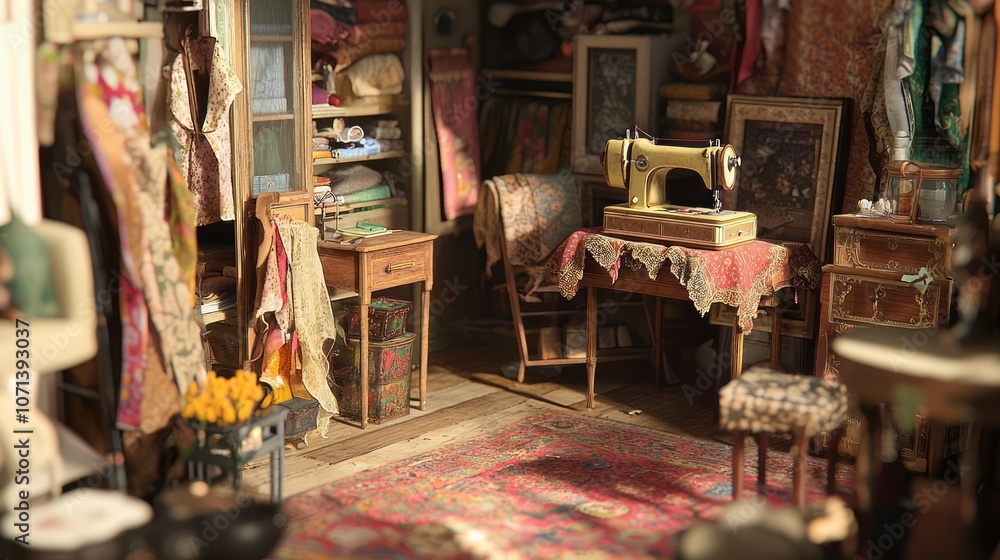 Fototapeta premium Vintage Sewing Room: A Creative Space Embodying Old Money Aesthetic
