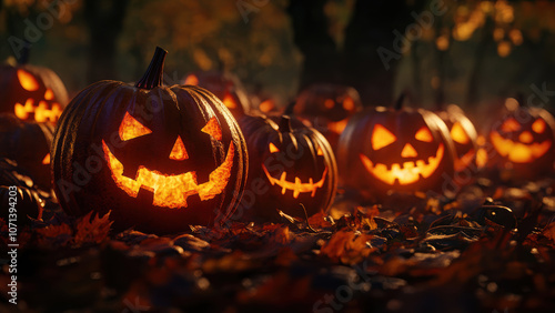 A captivating Halloween scene featuring a collection of intricately carved pumpkins glowing ominously in a dimly lit autumn forest.