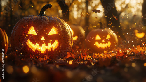 A captivating Halloween scene featuring a collection of intricately carved pumpkins glowing ominously in a dimly lit autumn forest.