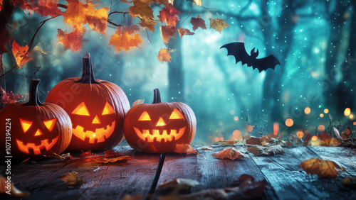 Two carved pumpkins with glowing faces sit on a wooden surface with fallen autumn leaves.