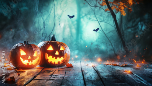 Two carved pumpkins with glowing faces sit on a wooden surface with fallen autumn leaves.
