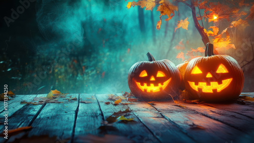 Two carved pumpkins with glowing faces sit on a wooden surface with fallen autumn leaves.