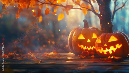 Two carved pumpkins with glowing faces sit on a wooden surface with fallen autumn leaves.