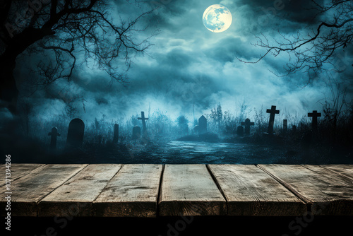 A dark, weathered wooden table is in sharp focus in the foreground, set against a blurred, atmospheric backdrop of a graveyard at night.