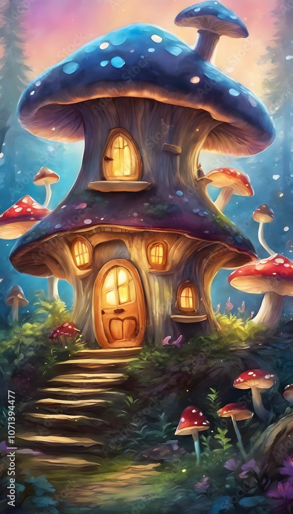 Fototapeta premium A whimsical illustration of a cozy house built inside a giant mushroom, surrounded by a magical forest with glowing lights and smaller mushrooms.