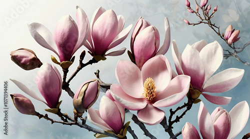 Magnolia blossom botanical illustration realistic detail spring flower floral art background photo