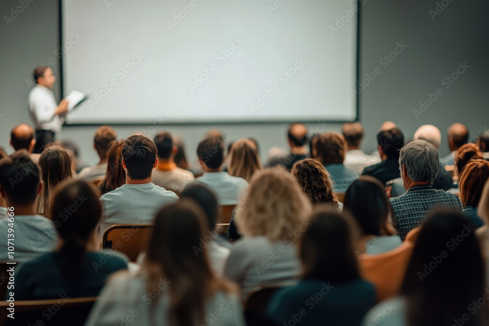 Obraz premium A diverse audience sits in rows of chairs, attentively listening to a speaker who stands near a large blank projection screen.