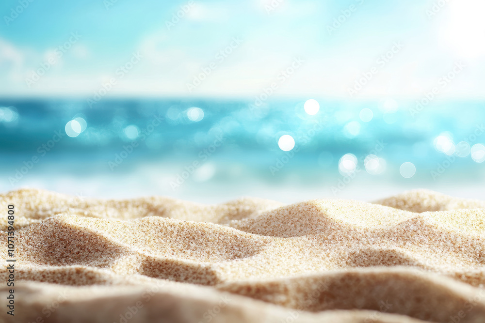 Close-up of golden sand with a blurred background of sparkling turquoise ocean water, evoking a serene and idyllic summer beach scene.