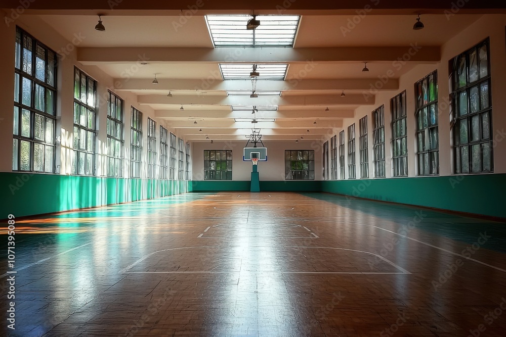 Empty Indoor Basketball Court with Sunlight Streaming Through Windows Empty Indoor Basketball Court with Sunlight Streaming Through Windows