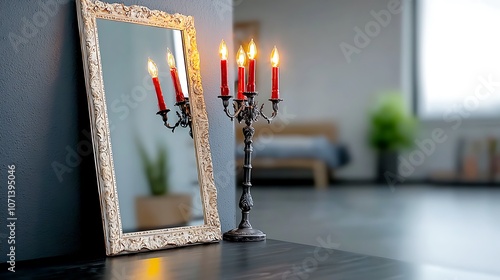 The ornate mirror with candelabras in a dark interior exudes a sense of old world elegance and sophistication