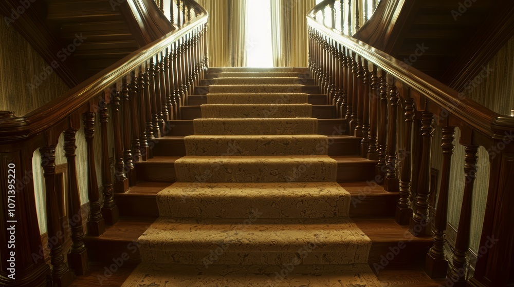Fototapeta premium Majestic Grand Staircase in Old Money Home with Plush Runner, Rich Wood Banister, and Vintage Artwork as Stunning Focal Point