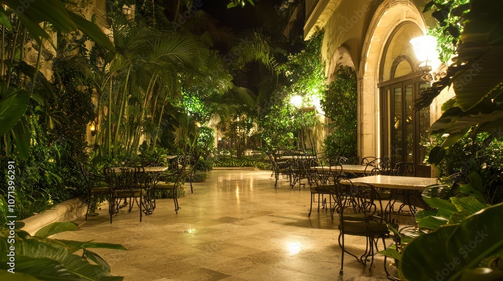 Obraz premium Classic Elegance in Outdoor Patio with Vintage Wrought Iron Furniture and Lush Greenery for Evening Gatherings