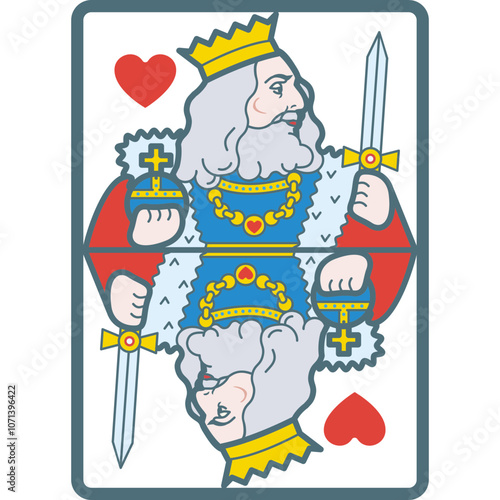 King of Hearts Playing Card Illustration Featuring a Regal Figure With a Crown, Sword, and Intricate Designs on a White Background