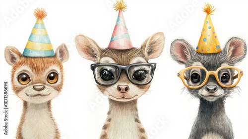Adorable animals dressed for celebration, wearing party hats and glasses, set on a clean white backdrop.