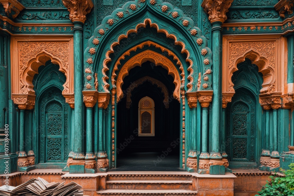 Obraz premium Teal Orange Architectural Entrance Intricate Indo Islamic Design