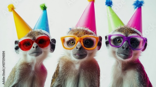Adorable animals with party gear and funny poses, wearing colorful hats and glasses on a clean white background, ready for celebration