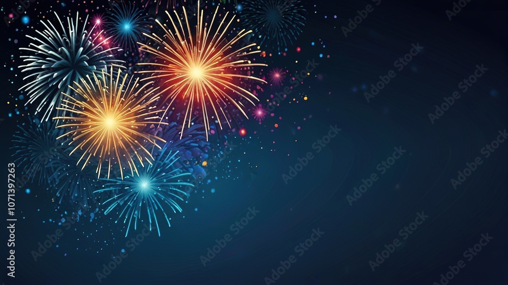 Fototapeta premium Fireworks on blue background with stars and space for text