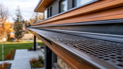 Advanced drainage system on building roof, featuring polymer gutters for effective stormwater control. photo