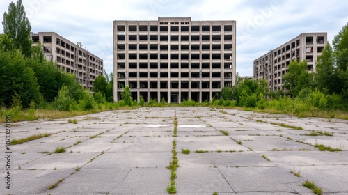 Overgrown Ruins Abandoned Concrete Buildings Decaying Plaza