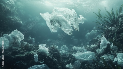 An endangered marine ecosystem with plastic trash floating, an image illustrating the urgent environmental threat photo