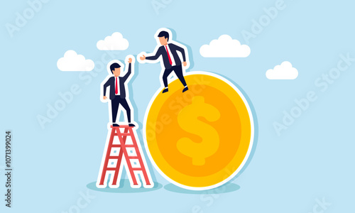 A businessman stands on a dollar coin, trying to help another businessman on a ladder, illustration of assisting fellow entrepreneurs to invest in an investment product