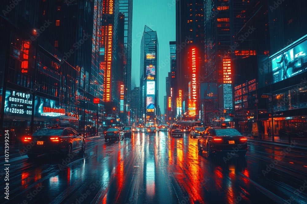 Fototapeta premium A rainy night in the city with tall buildings and neon signs reflecting in the wet asphalt.