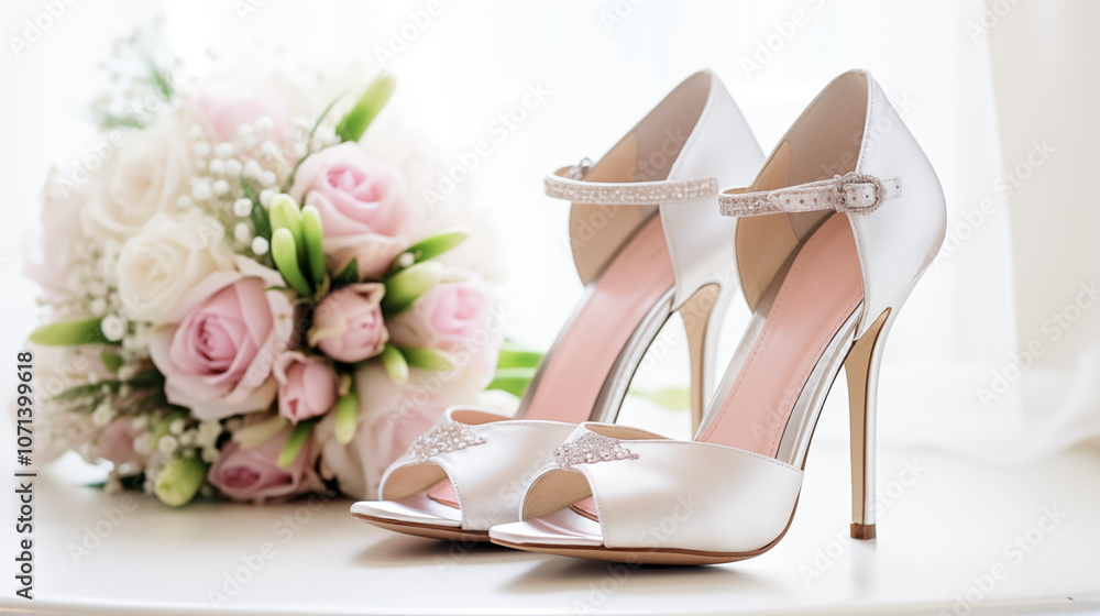 The bride's shoes and bouquet form a picturesque combination, enhancing her wedding ensemble with grace and elegance, creating a beautiful and memorable celebration. The bride's shoes and bouquet form a picturesque combination, enhancing her wedding ensemble with grace and elegance, creating a beautiful and memorable celebration.
