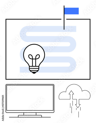 Light bulb and winding path to a flag representing innovation, next to a computer screen and data cloud. Ideal for technology, creativity, innovation, goal setting, data storage, digital strategy