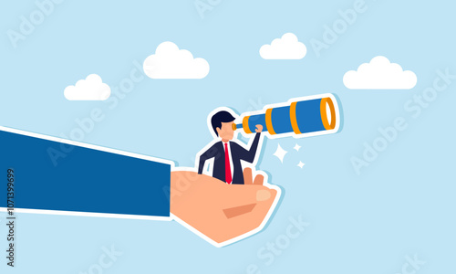 A businessman peers through binoculars held in one hand, illustration of analyzing and monitoring global business trend movements