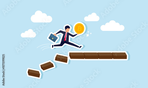 A businessman runs carrying a bitcoin, avoiding a collapsing block structure, illustration of securing assets in the form of bitcoin from business challenges