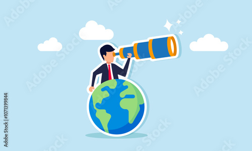 A businessman peers through binoculars from behind the globe, illustration of analyzing and monitoring global business trend movements