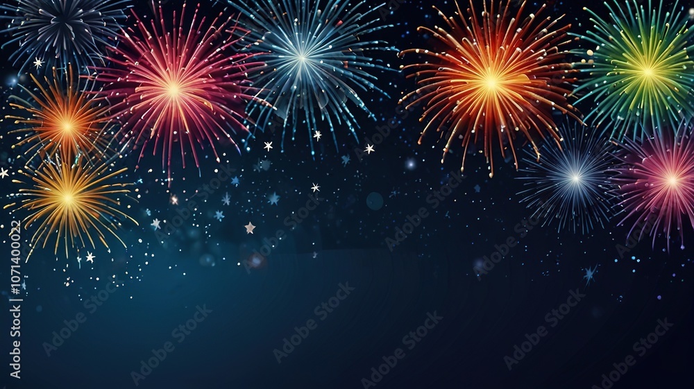 Fireworks on blue background with stars and space for text Fireworks on blue background with stars and space for text