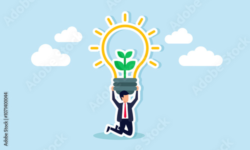 A businessman struggles to lift a lamp containing plants, illustration of the heavy burden of creating business ideas and innovations that do not harm the environment