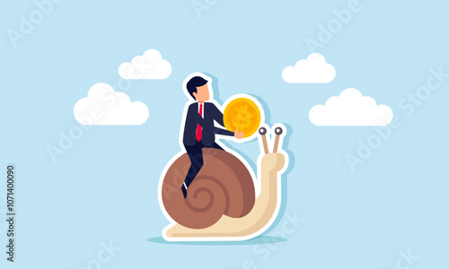 A businessman carrying a bitcoin while riding a snail, illustration of the slow progress of bitcoin valuation movement