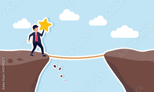 A businessman carrying a star to cross a ravine with a rope, illustration of maintaining business rating and quality threatened by business issues