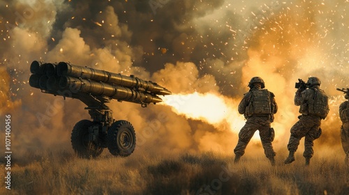 A military unit deploying a multiple-barrel rocket launcher system in a tactical combat zone